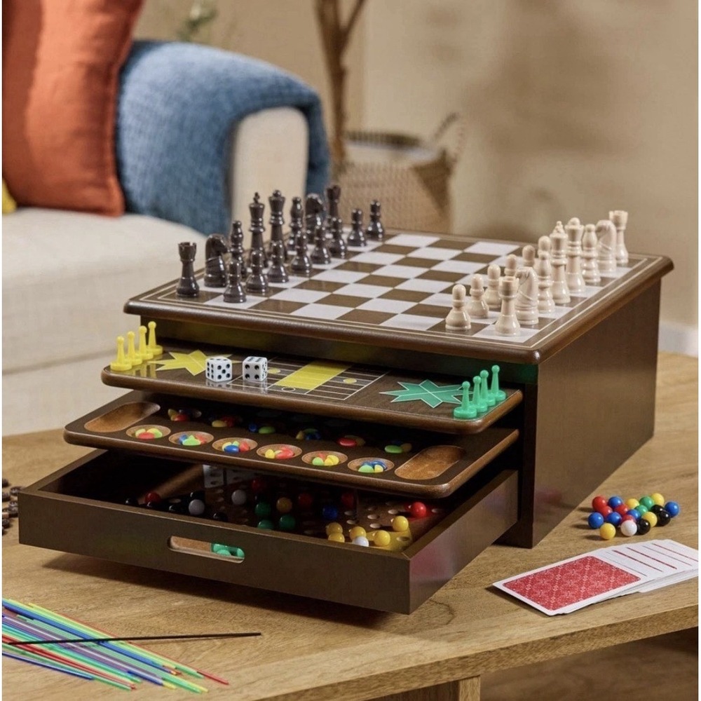 Game Gallery 12 Classic Games in Wooden Storage House, Styles May Vary